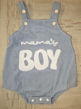 Blue Corduroy Light Baby Romper with "Mama's Boy"